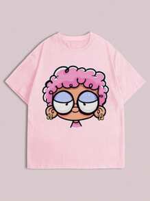 SHEIN Explorewe Teen Girl Cartoon Character Print Short Sleeve Top - Pink - View 5