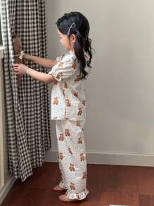 SHEIN Dozemod Young Girl Young Girl Cute Bear Pattern Ruffle Collar Button Up Short Sleeve Pajama Set, 2pcs - Brown - View 3