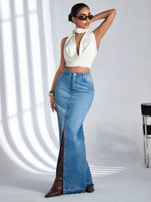 CasuGlow Women'S Denim High Slit Skirt - Light Wash - View 1