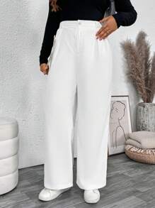 Juhart Plus Size Women Solid Color Pleated Loose Wide Leg Casual Pants Fall Cloth For Women