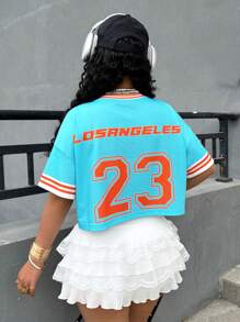 Women Letter Print Round Neck Short Sleeve Cropped Loose T-Shirt - Blue - View 2