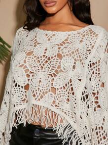 SHEIN SXY Oversized Round Neck Patchwork Openwork Crocheted Curved Hem Fringed Loose Pullover Sweater Top
