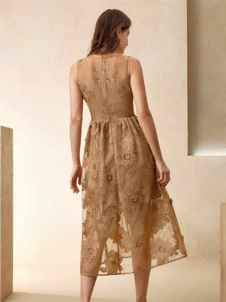 女性用上品なメッシュ 中空 フローラル ノースリーブドレス、ボヘミアン春夏アウトフィット、春夏のバカンスカジュアル卒業式ドレス