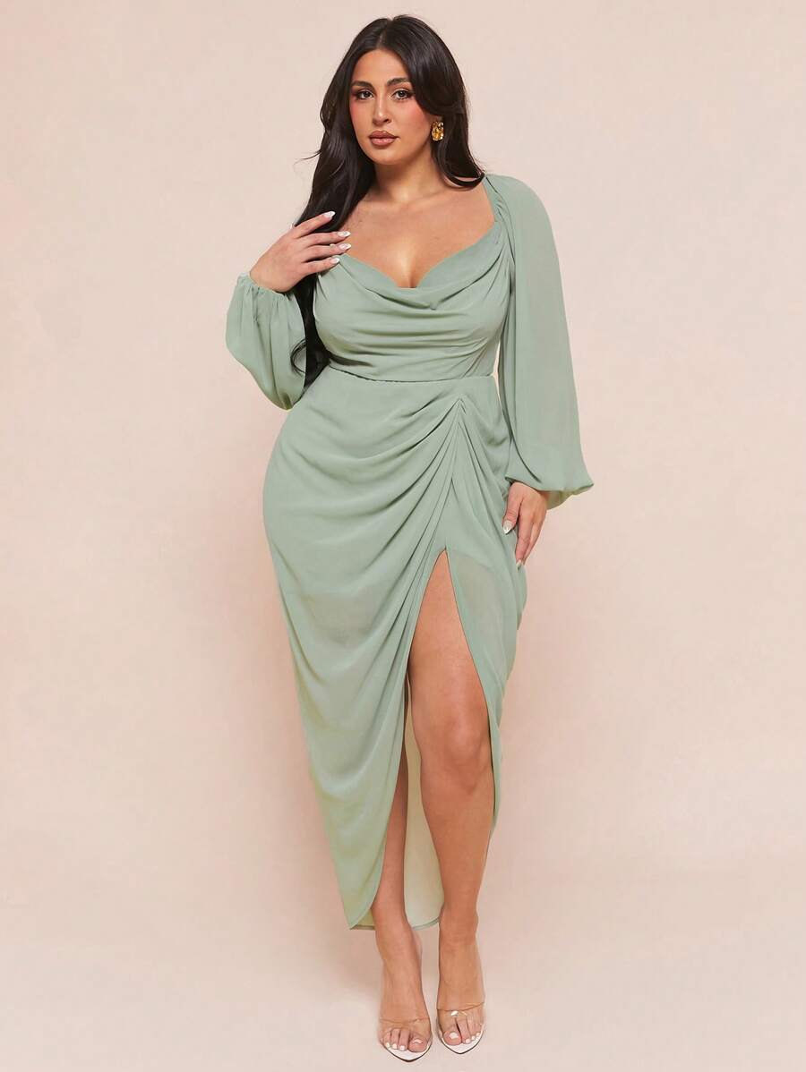 SHEIN BAE 女式加大码优雅派对约会性感闪光亮片垂坠领口褶饰不对称下摆开衩长袖连衣裙，豌豆绿 - 綠色 - 查看 1