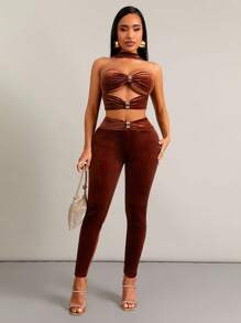 SHEIN SXY Women's Ruffle Cutout Cropped Halter Neck Top And Pants Sexy 2 Pieces Set - Coffee Brown - View 5