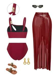 Swim Oasis Conjunto de bikini burdeos de talla grande para mujer con decoración de metal en estilo recortado y sexy, combinado con una falda larga tipo pareo, adecuado para usar en la playa o en resort