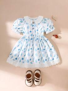 SHEIN Vestido de playa con cuello con volantes y mangas abullonadas, lindo y de moda para niña bebé, primavera/verano - Azul - Ver 1