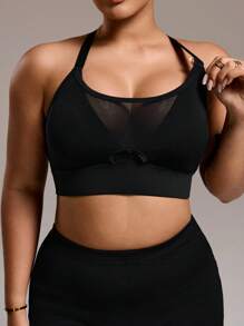 SHEIN Sport Studio Reggiseno sportivo da donna, taglia plus size, con dettagli in rete, toppe, spalline incrociate staccabili e imbottitura, adatto per primavera/estate