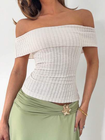 Roylia 女士纯色露肩罗纹 T 恤