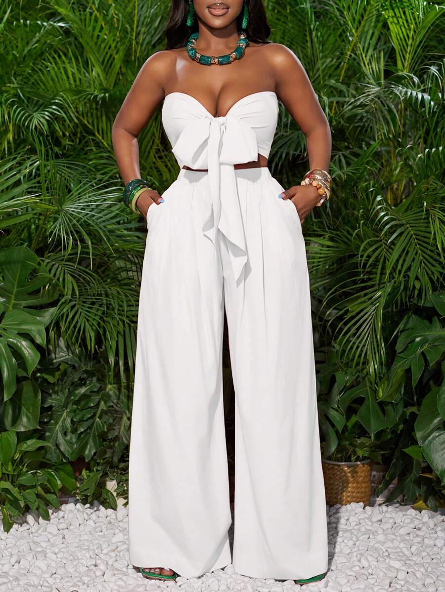 Slaydiva Conjunto de vacaciones para mujer con top bandeau con lazo delantero y pantalones de pierna ancha en color rosa rojo