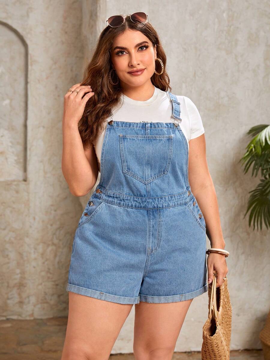 EMERY ROSE Bộ đồ liền thân denim cỡ lớn dành cho nữ, tối giản và thời trang, phù hợp cho mùa hè - Rửa nhẹ - Xem 1