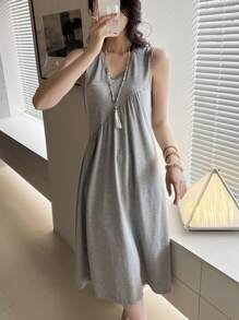 EMERY ROSE 女士夏季休闲纯色无袖连衣裙 - 灰色 - 查看 7