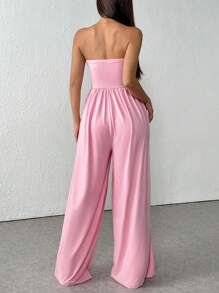 Flirla Women's Solid Color Casual Ruched Tube Top Loose Wide Leg Jumpsuit - Pink - View 2