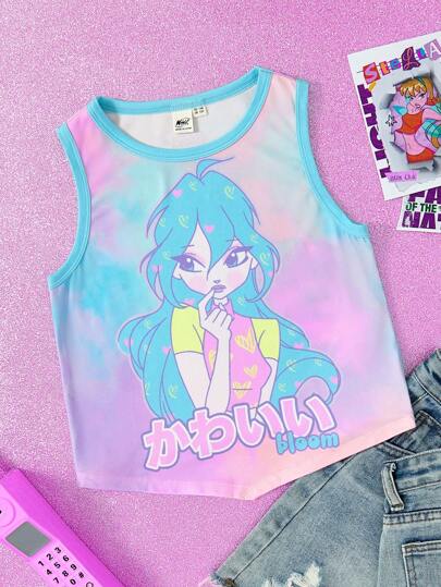 The Winx X SHEIN 少女肖像印花扎染可爱甜美无袖背心