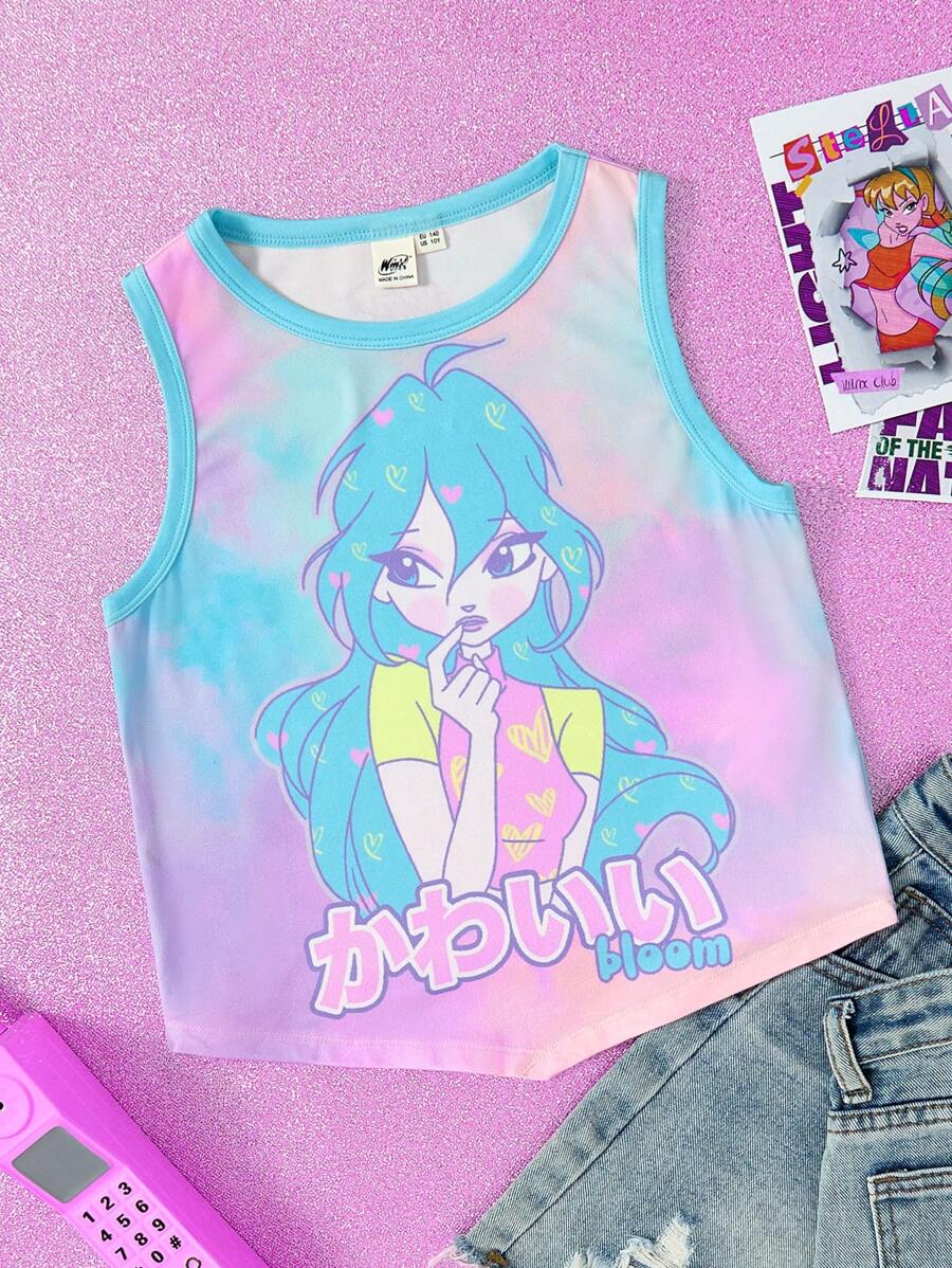 The Winx X SHEIN 少女肖像印花扎染可爱甜美无袖背心 - 珊瑚粉 - 查看 1