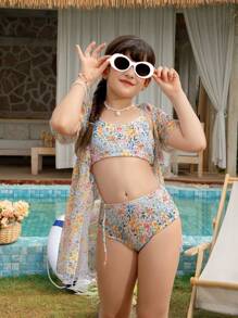 Tween Girl Floral Print Bikini Swimwear Set With Cover Up - Multicolor - View 1