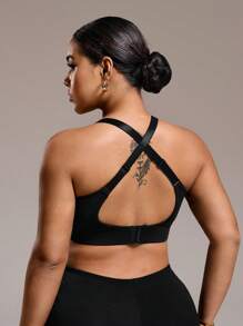 SHEIN Sport Studio Reggiseno sportivo da donna, taglia plus size, con dettagli in rete, toppe, spalline incrociate staccabili e imbottitura, adatto per primavera/estate