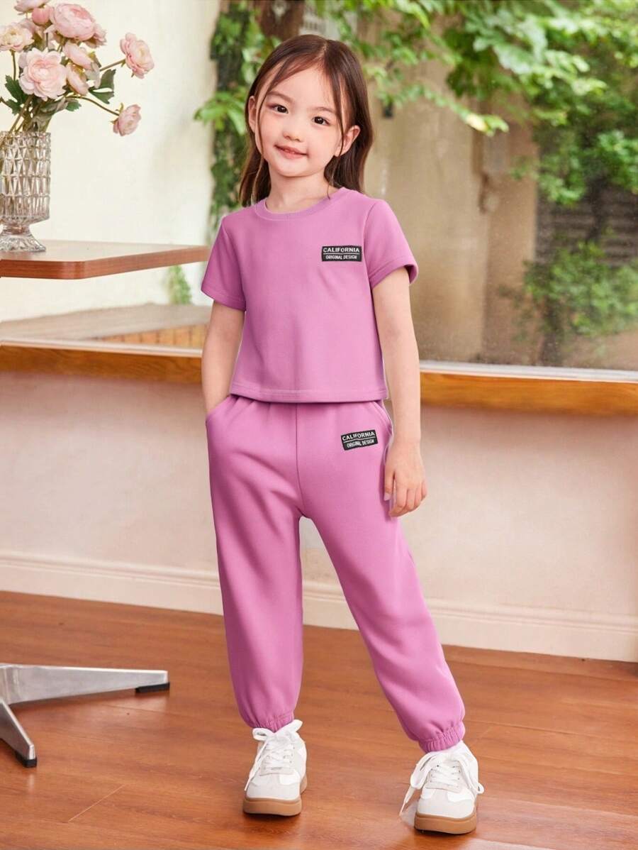 SHEIN 2pcs Young Girl Young Girl Set, Printed T-Shirt + Long Pants - Pink - View 1