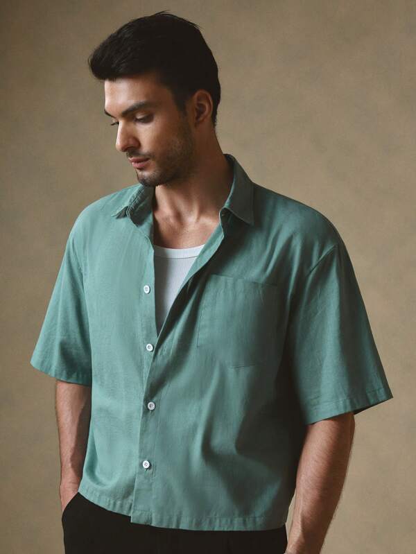 GENTILAND Men's Casual Solid Color Short Box-Shaped Short Sleeve Woven Shirt, Suitable For Everyday Wear