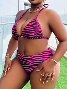 Slaydiva 2pcs 2025 Plus Size Women Summer Beach Striped Halter Tie Sexy Bikini Swimsuit Set - Hot Pink - View 6