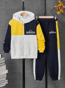 Conjunto cálido de chaqueta con capucha con cremallera y estampado gráfico de letras y pantalones para adolescentes - Multicolor - Ver 1