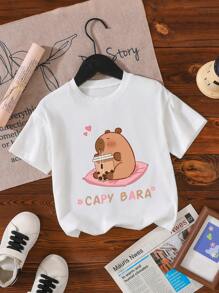 SHEIN Camiseta de manga corta con estampado de capibara y letras, cómoda y casual para niñas preadolescentes, para primavera/verano - Blanco - Ver 3