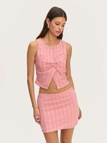 Nöista Conjunto de top y minifalda de color rosa pastel para el verano, con diseño de costura en el pecho y nudo frontal con pequeña abertura. Perfecto para el verano, eventos nupciales o de Pascua