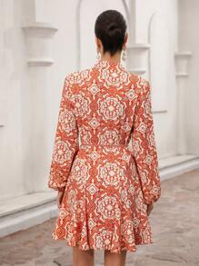 Aveloria Rosie Random Allover Print Belted Shirt Dress Vacation Outfits Woman  Boho Beach Fashionable Style All Over Print - Orange - View 2