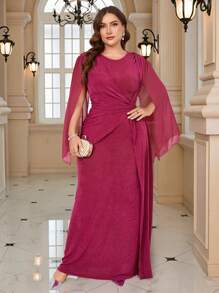 SHEIN Clasi Plus Size Women Solid Color Round Neck Split Sleeve Waist Twist Elegant Dress - Red Violet - View 9