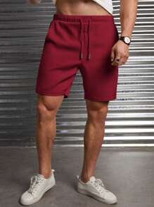 Manfinity VCAY Men's Casual Woven Mid-Waist Drawstring Straight Leg Shorts, Suitable For Daily Wear