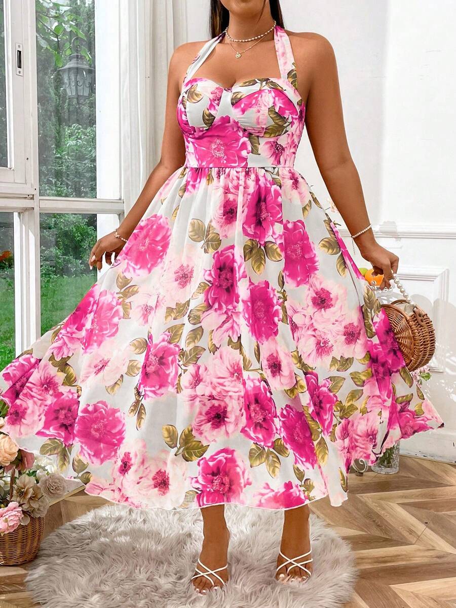 SHEIN Clasi Plus Size Women Floral Print Elegant Halter Neck Dress, Vacation Style - Hot Pink - View 1