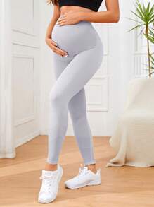 Easithlete Maternity Plain Color High Waist Fitted Leggings - Light Grey - View 3