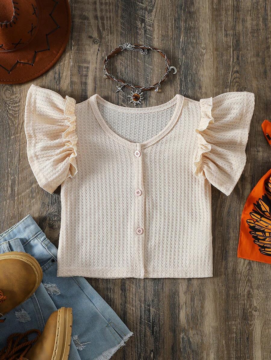 SHEIN 2025 Spring/Summer New Arrival Casual Comfy Ruffle Sleeves Apricot Girl (Small) Shirt, Suitable For Daily, Outdoor, And Family Gathering Wear - Apricot - View 1