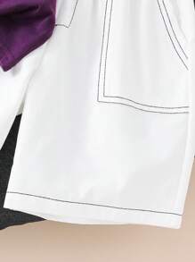 SHEIN 2 件/套年轻男孩休闲装，舒适日常穿着，韩版和日系风格，简约时尚字母印花短袖 Polo 衫和口袋短裤套装，适合春夏季节，日常穿着，运动，郊游，学校，派对，活动，拍照，返校 - 紫色 - 查看 4