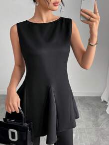 Modelyn Ensemble de 2 pièces top et pantalon de couleur unie élégant pour les déplacements avec ceinture taille - Noir - Voir 2