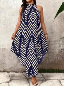 SHEIN LUNE Plus Size Sleeveless Simple Fashion Dress, Suitable For Summer - Navy Blue - View 7