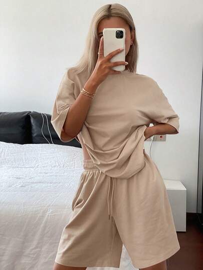 Livesso 2pcs/Set Women Loose Casual Beach Holiday Style T-Shirt Set, Summer,Short Women Sets