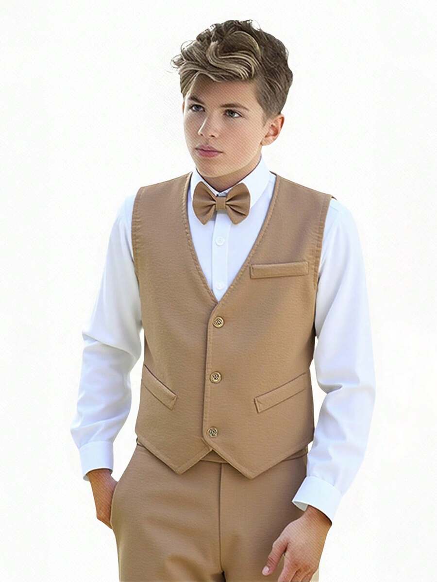 SHEIN Bộ 3 bộ vest công sở ôm vừa vặn phong cách Hàn Quốc cho bé trai tuổi mới lớn, bộ vest Pageboy dự tiệc cưới, trang phục quý ông dẫn chương trình hòa nhạc piano. Bao gồm áo vest ôm vừa vặn, quần ống đứng thường ngày, nơ có thể tháo rời - Màu Khaki - Xem 1