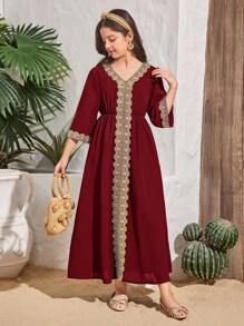 SHEIN Leap Crew Tween Girls' Elegant V-Neck Long Sleeve Dress - Red - View 3