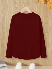 SHEIN LUNE Kaos Lengan Panjang Wanita Warna Polos Kasual Nyaman Serbaguna Modis untuk Musim Gugur - Burgundy - View 2
