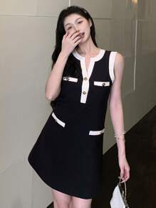 DAZY 女士休闲无袖拼接中长连衣裙、夏季假日、迷你连衣裙