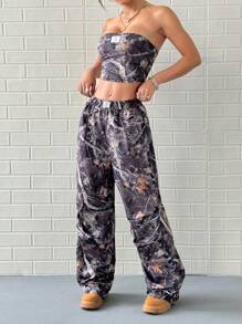 SHEIN PETITE Set da 2 pezzi da donna, top a fascia con stampa di foglie appassite vintage e pantaloni larghi casual, per l'autunno