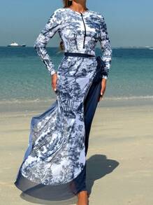 Swim Mulvari Conjunto de burkini de 3 piezas con estampado de palacio en azul y blanco para mujer, que incluye top de manga larga, pantalones y cremallera frontal, elegante y casual para vacaciones y fiestas en la playa