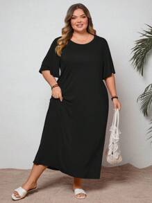SHEIN CURVE+ Váy cỡ lớn màu tím siêu mềm và co giãn, dễ phối đồ, đa năng, phù hợp cho mùa hè, kỳ nghỉ ở bãi biển và khu nghỉ dưỡng Trang phục đi biển dành cho phụ nữ/Váy đi biển/Trang phục đi nghỉ ở bãi biển/Đồ dùng cần thiết đi biển/Váy tốt nghiệp/Váy tiệc trà - màu đen - Xem 3