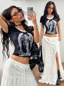 Coolane Women's Spring/Summer Grunge Goth Contrast Lace Virgin Mary Graphics Short Sleeve 2in1 T-Shirt