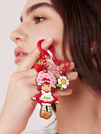 Strawberry Shortcake X SHEIN Llavero con diseño de flor de fresa en 3D con personajes de dibujos animados, accesorio para bolso, idea de regalo, Día de San Valentín, atuendos de verano, atuendos de primavera, playa, vacaciones, flor