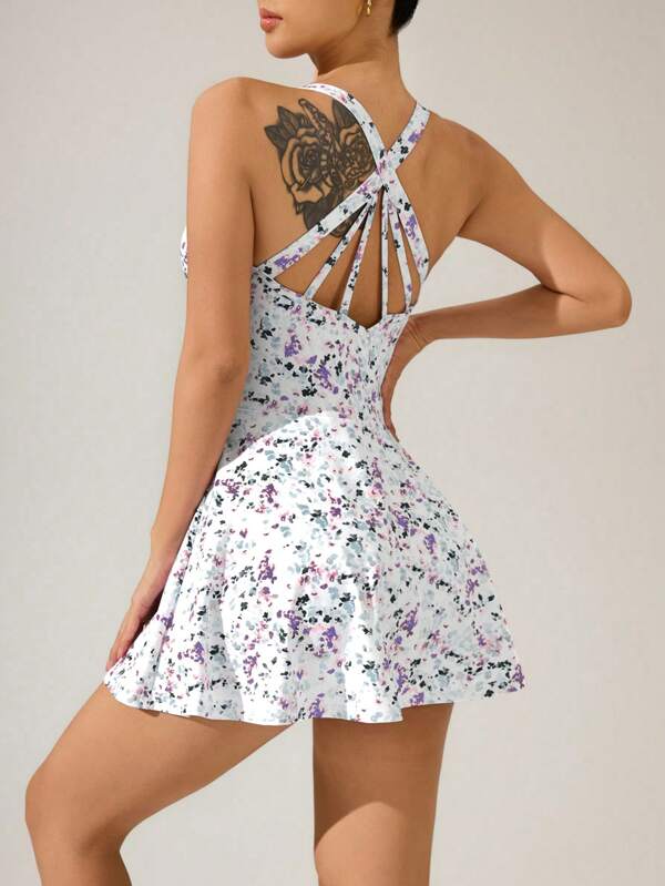 Sovereign Charm Women's Tie-Dye Printed Criss-Cross Back Sleeveless Sports Dress Athletic Dress