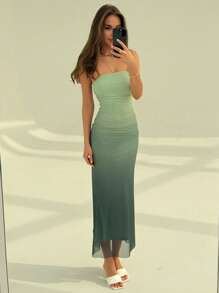 Aloruh Fitted Gradient Mesh Floral Print Strapless Dress,Rave Outfits Festival - Green - View 8