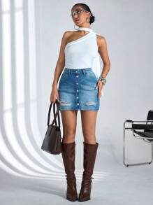 RueChic Ripped Button Front Denim Skirt - Blue - View 5