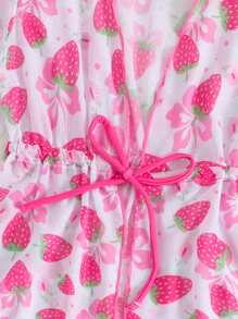 Young Girls Strawberry Print Hollow Out Waist Bowknot One-Piece Swimsuit With Sun Protection Cover Up Jacket, 2Pcs Set - Baby Pink - View 6